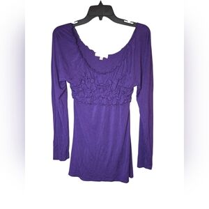 Women's Purple Long Sleeve Top, Medium, Ruched, Babydoll Y2K